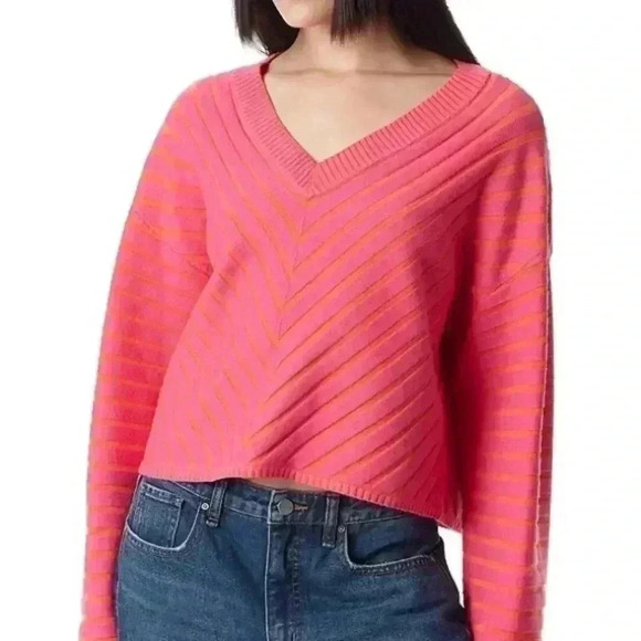 Circus NY by Sam Edelman V-Neck Textured Rib Cropped Sweater~pink/orange~NWOT~ M - Picture 2 of 9